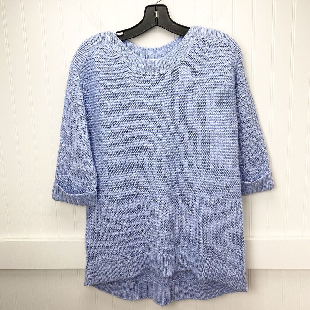 Chicos Sweater Sz 1 (Medium) Light Blue/Silver Metallic 3/4 Sleeve Knit Top